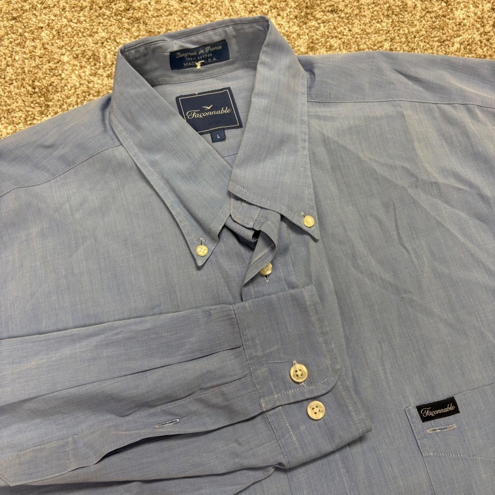 Faconnable Button Down Shirt Mens Large Blue Long Sleeve Made in USA Cotton